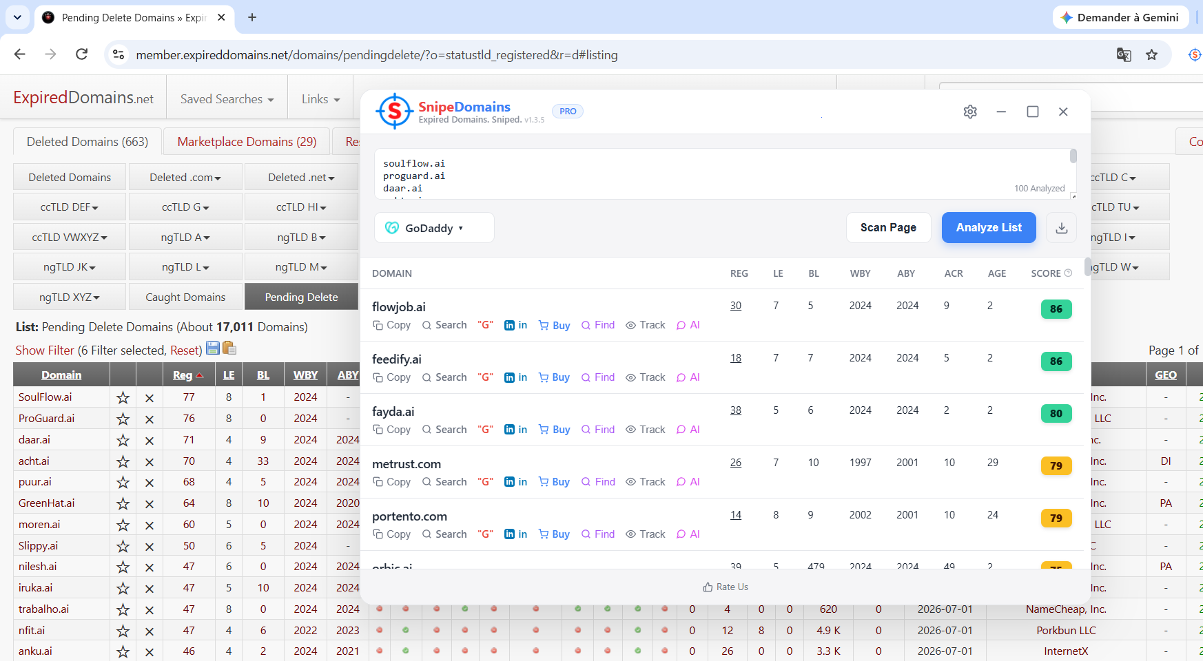 SnipeDomains analyzing an expired-domain list inside the browser