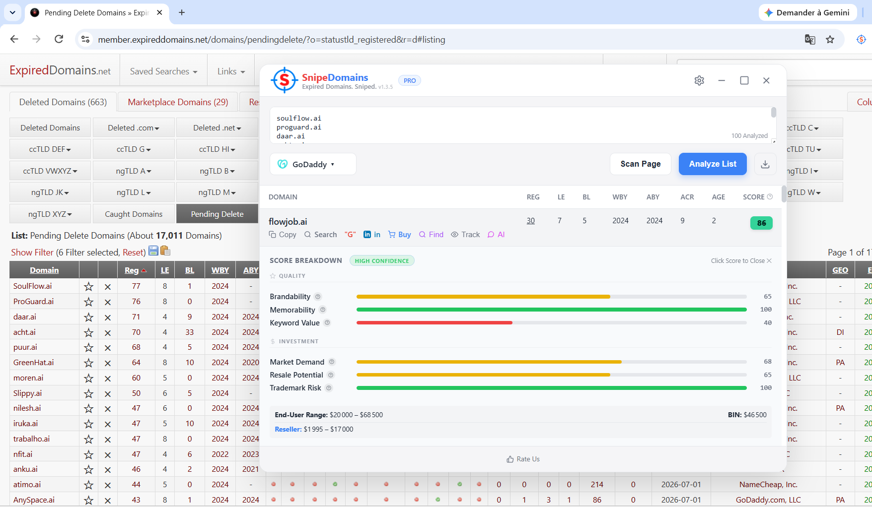 Transparent SnipeDomains score breakdown