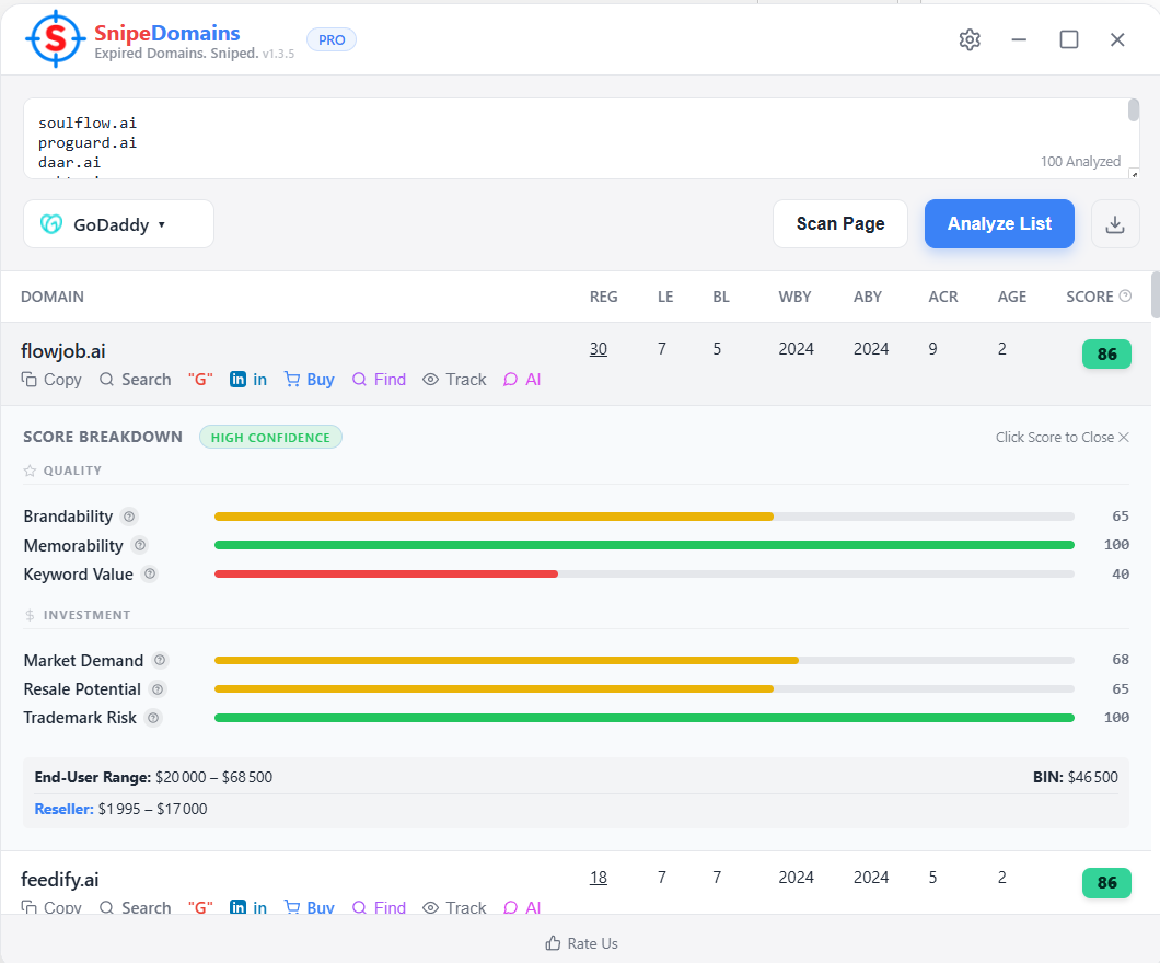 Detailed opportunity score factors for a shortlisted domain