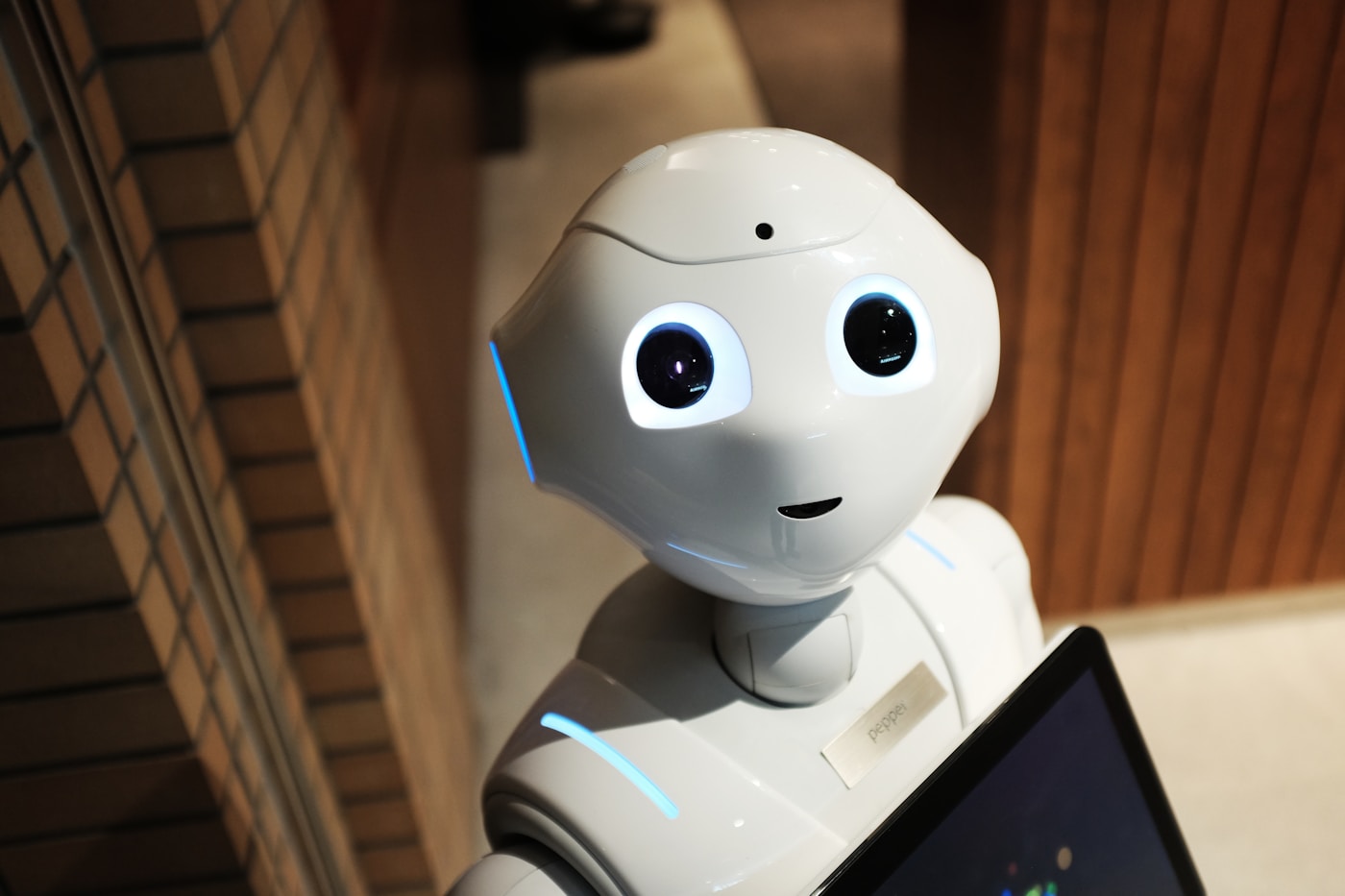 Futuristic robot interacting with digital AI search interface